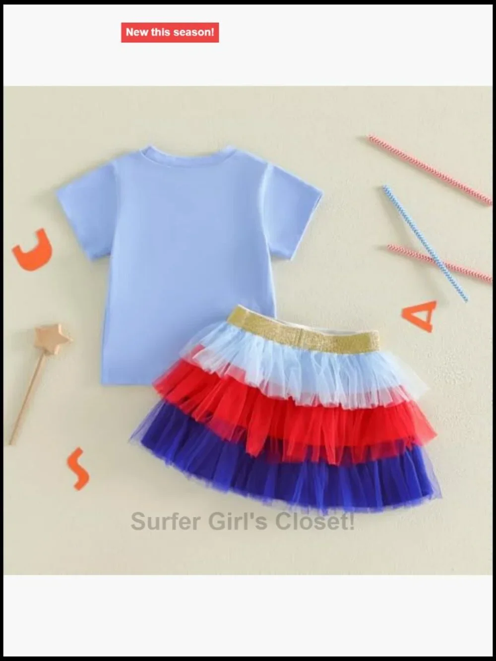 Toddler 4th of July Outfit Girl USA Print Short Sleeve Shirt and Tulle Skirt Set